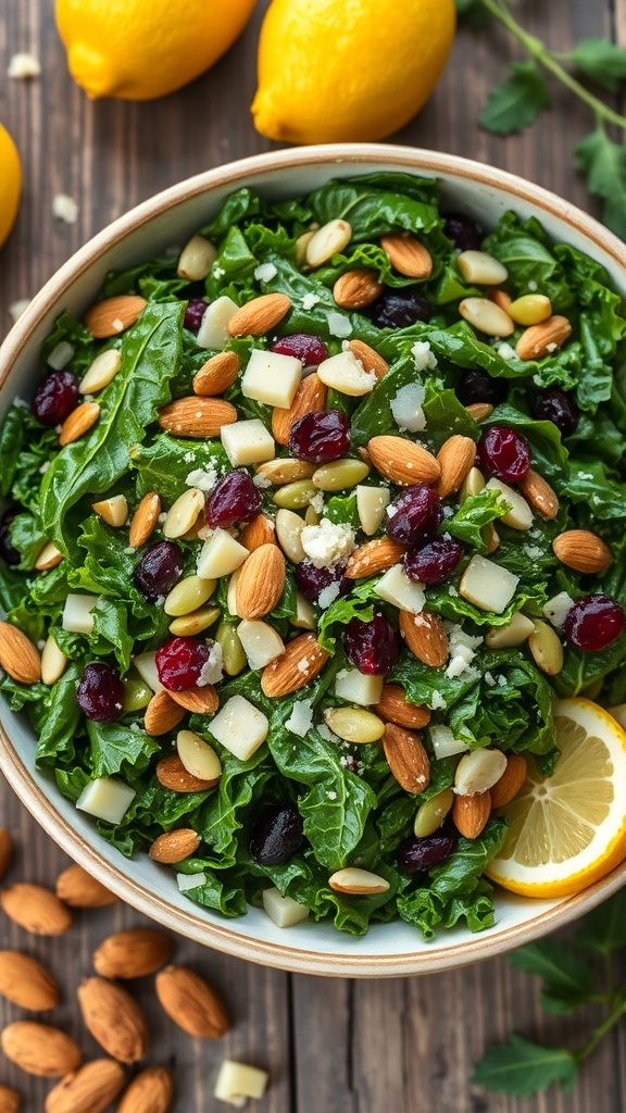 A colorful kale crunch salad with almonds, sunflower seeds, cranberries, and Parmesan cheese on a wooden table.